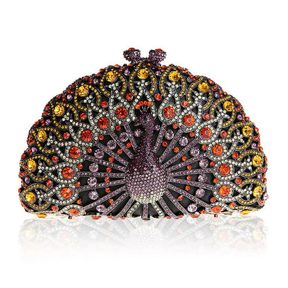 High-end luxury Golden color Women peacock Crystal Metallic Evening Bags Wedding Novelty Rhinestone Small Metallic Clutch Purses