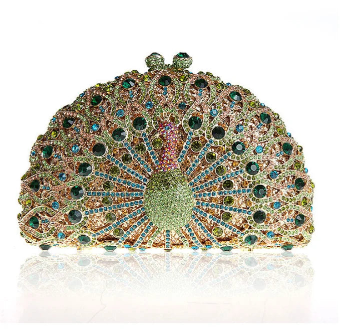 High-end luxury Golden color Women peacock Crystal Metallic Evening Bags Wedding Novelty Rhinestone Small Metallic Clutch Purses