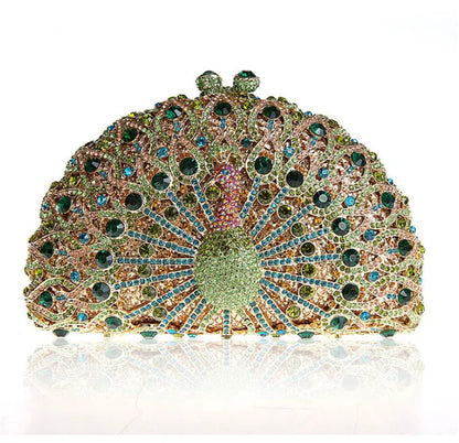 High-end luxury Golden color Women peacock Crystal Metallic Evening Bags Wedding Novelty Rhinestone Small Metallic Clutch Purses
