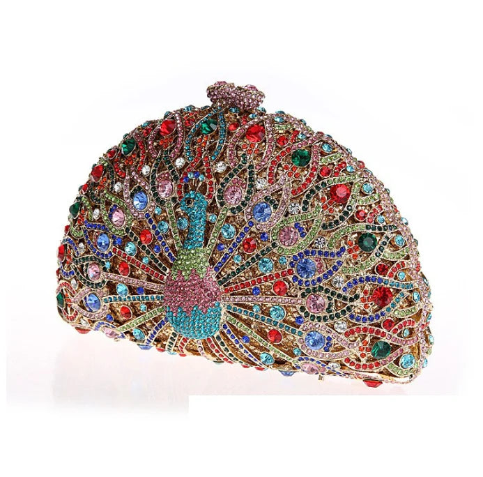 High-end luxury Golden color Women peacock Crystal Metallic Evening Bags Wedding Novelty Rhinestone Small Metallic Clutch Purses