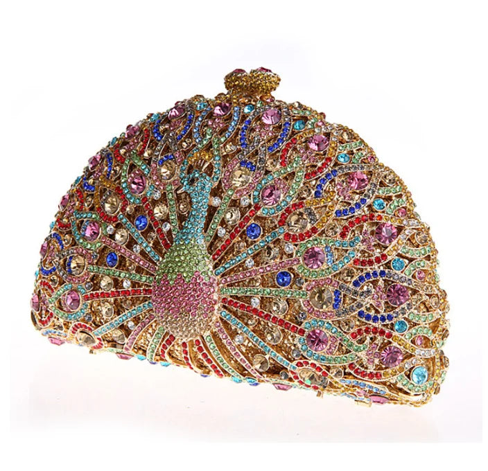 High-end luxury Golden color Women peacock Crystal Metallic Evening Bags Wedding Novelty Rhinestone Small Metallic Clutch Purses