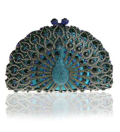 High-end luxury Golden color Women peacock Crystal Metallic Evening Bags Wedding Novelty Rhinestone Small Metallic Clutch Purses
