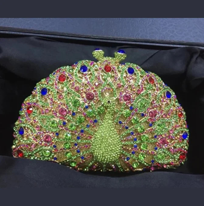 High-end luxury Golden color Women peacock Crystal Metallic Evening Bags Wedding Novelty Rhinestone Small Metallic Clutch Purses