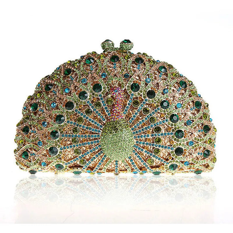 High-end luxury Golden color Women peacock Crystal Metallic Evening Bags Wedding Novelty Rhinestone Small Metallic Clutch Purses