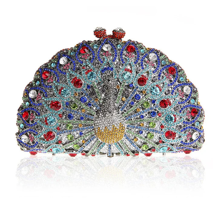High-end luxury Golden color Women peacock Crystal Metallic Evening Bags Wedding Novelty Rhinestone Small Metallic Clutch Purses