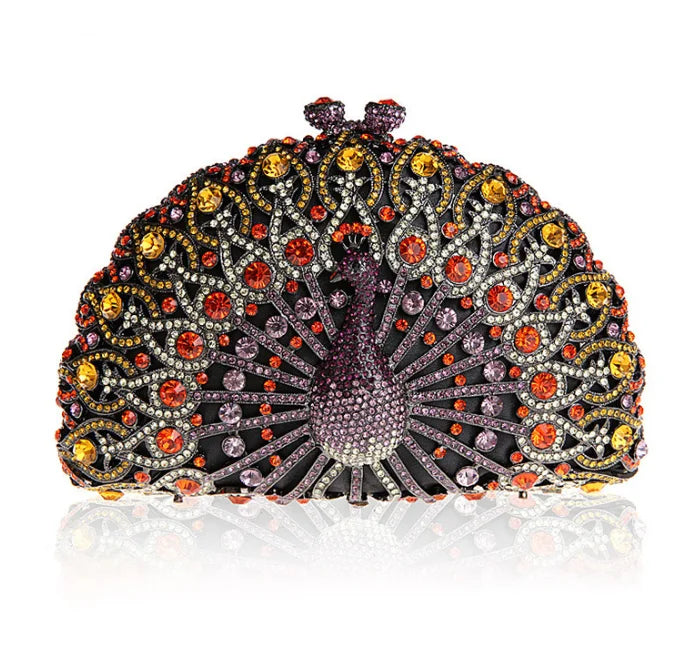 High-end luxury Golden color Women peacock Crystal Metallic Evening Bags Wedding Novelty Rhinestone Small Metallic Clutch Purses