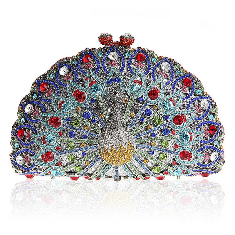 High-end luxury Golden color Women peacock Crystal Metallic Evening Bags Wedding Novelty Rhinestone Small Metallic Clutch Purses