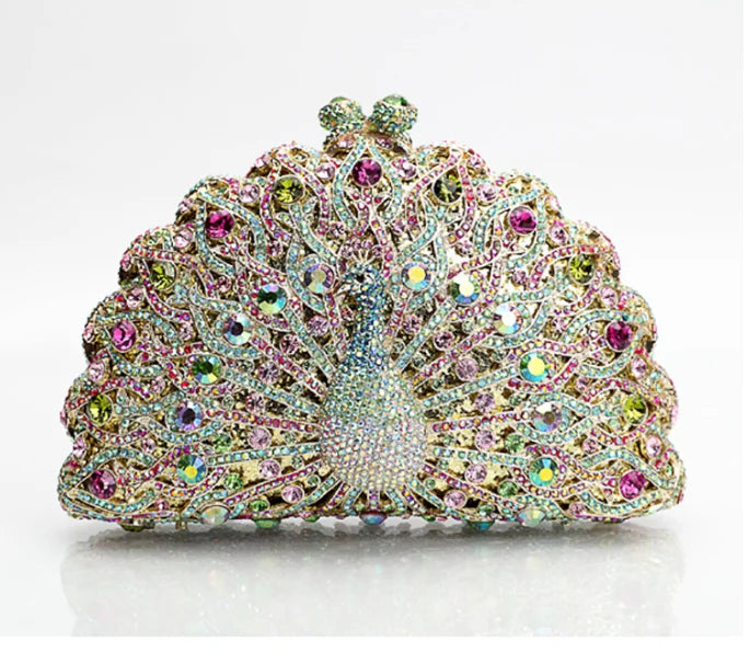 High-end luxury Golden color Women peacock Crystal Metallic Evening Bags Wedding Novelty Rhinestone Small Metallic Clutch Purses