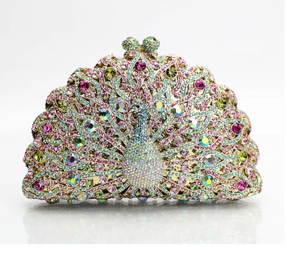 High-end luxury Golden color Women peacock Crystal Metallic Evening Bags Wedding Novelty Rhinestone Small Metallic Clutch Purses