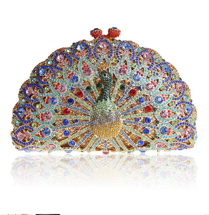 High-end luxury Golden color Women peacock Crystal Metallic Evening Bags Wedding Novelty Rhinestone Small Metallic Clutch Purses