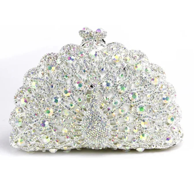 High-end luxury Golden color Women peacock Crystal Metallic Evening Bags Wedding Novelty Rhinestone Small Metallic Clutch Purses