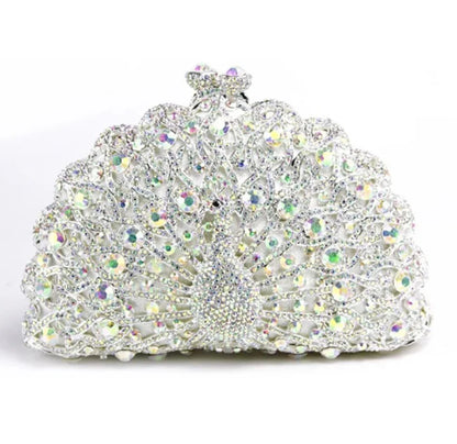 High-end luxury Golden color Women peacock Crystal Metallic Evening Bags Wedding Novelty Rhinestone Small Metallic Clutch Purses