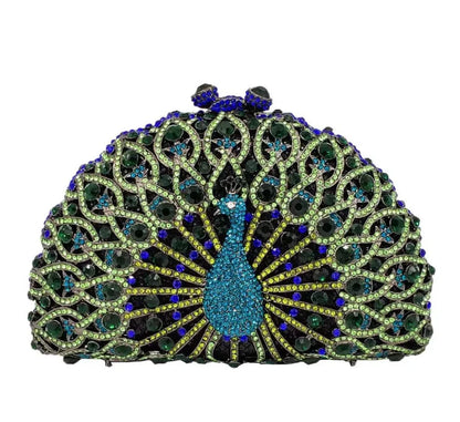 High-end luxury Golden color Women peacock Crystal Metallic Evening Bags Wedding Novelty Rhinestone Small Metallic Clutch Purses