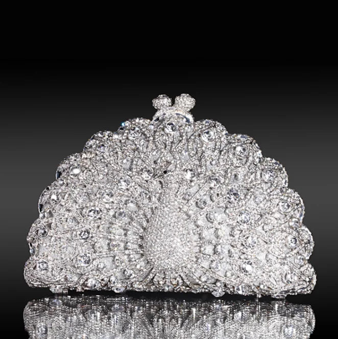 High-end luxury Golden color Women peacock Crystal Metallic Evening Bags Wedding Novelty Rhinestone Small Metallic Clutch Purses