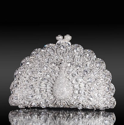 High-end luxury Golden color Women peacock Crystal Metallic Evening Bags Wedding Novelty Rhinestone Small Metallic Clutch Purses