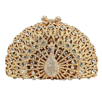 High-end luxury Golden color Women peacock Crystal Metallic Evening Bags Wedding Novelty Rhinestone Small Metallic Clutch Purses