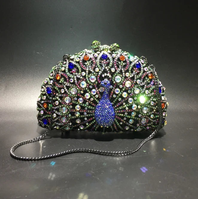 High-end luxury Golden color Women peacock Crystal Metallic Evening Bags Wedding Novelty Rhinestone Small Metallic Clutch Purses