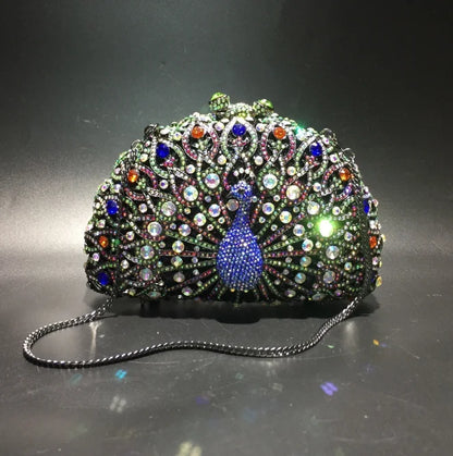High-end luxury Golden color Women peacock Crystal Metallic Evening Bags Wedding Novelty Rhinestone Small Metallic Clutch Purses