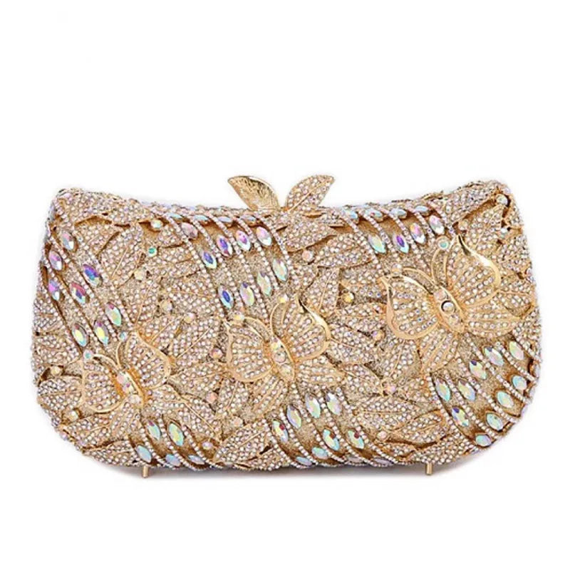 High-end luxury Hollow metal butterfly flower Crystal Metallic Evening Bags Wedding Novelty Rhinestone Metallic Clutch Purses