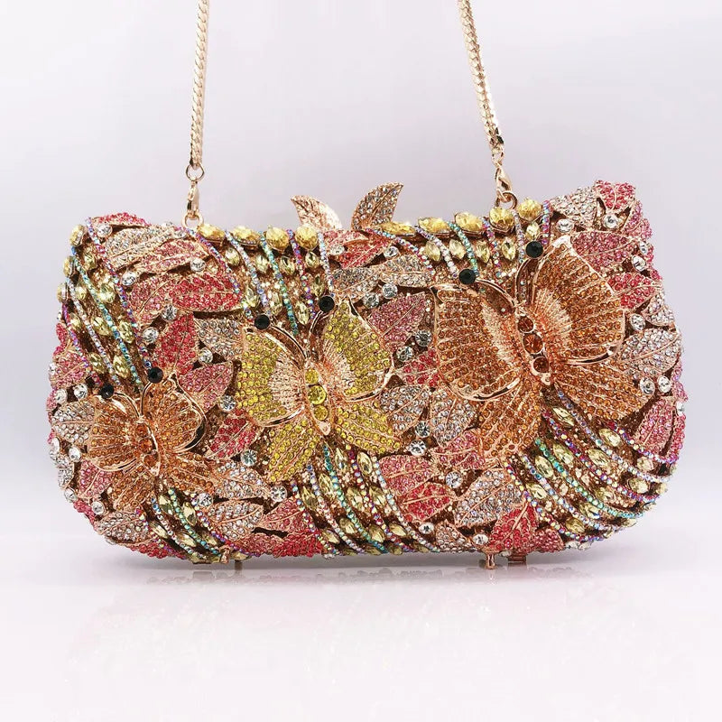 High-end luxury Hollow metal butterfly flower Crystal Metallic Evening Bags Wedding Novelty Rhinestone Metallic Clutch Purses