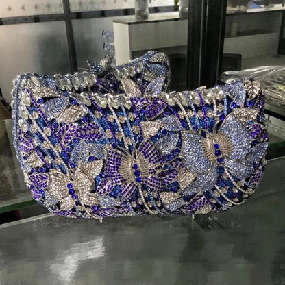 High-end luxury Hollow metal butterfly flower Crystal Metallic Evening Bags Wedding Novelty Rhinestone Metallic Clutch Purses