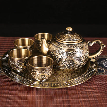 High-grade Bronze Dragon and Phoenix Tea Set Household Full Set of Tea Set 1 Teapot 4 Tea Cups 1 Tray