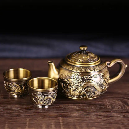High-grade Bronze Dragon and Phoenix Tea Set Household Full Set of Tea Set 1 Teapot 4 Tea Cups 1 Tray