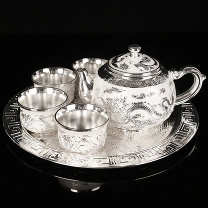 High-grade Bronze Dragon and Phoenix Tea Set Household Full Set of Tea Set 1 Teapot 4 Tea Cups 1 Tray
