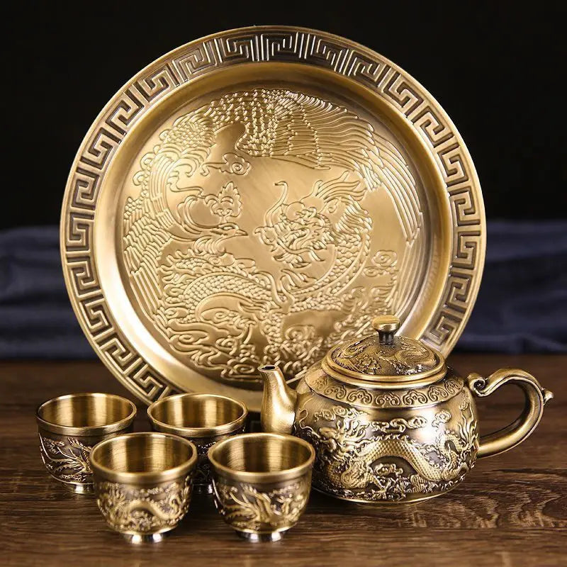 High-grade Bronze Dragon and Phoenix Tea Set Household Full Set of Tea Set 1 Teapot 4 Tea Cups 1 Tray