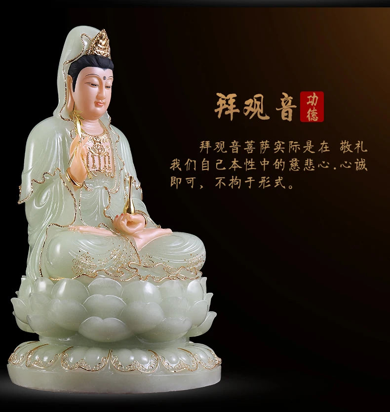 High-grade GOOD Home Hall TOP efficacious Talisman Mascot Guanyin Buddha Natural jade gilding carving Sculpture statue-- Large