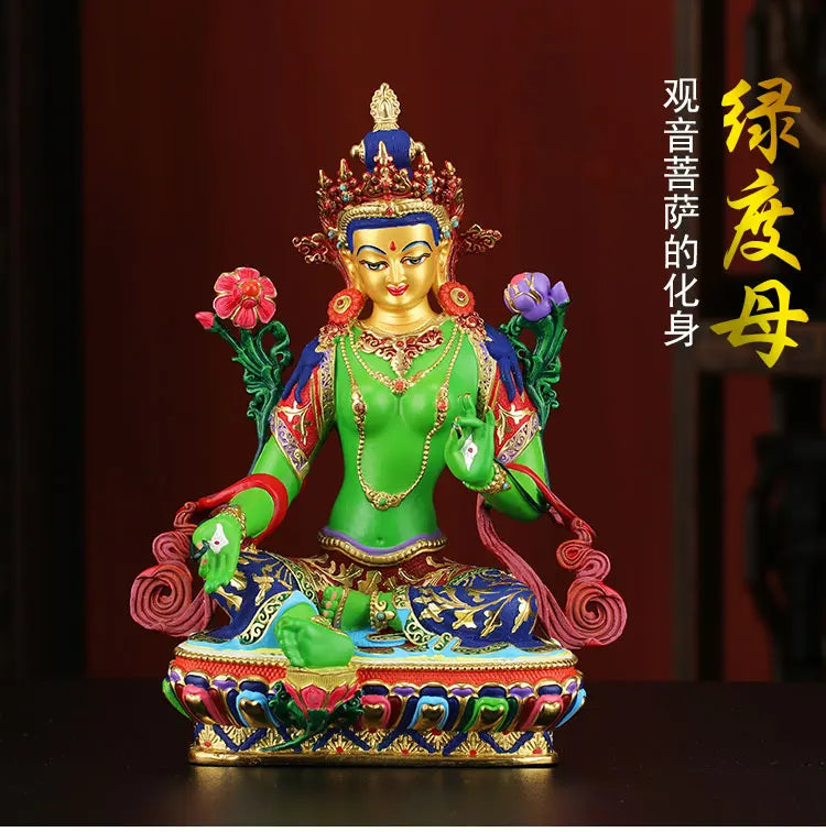 High-grade HOME Temple  Protection Tibetan Buddhism Color drawing Bodhisattva Tara Green Guan yin buddha statue  21CM