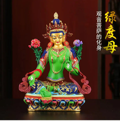 High-grade HOME Temple  Protection Tibetan Buddhism Color drawing Bodhisattva Tara Green Guan yin buddha statue  21CM