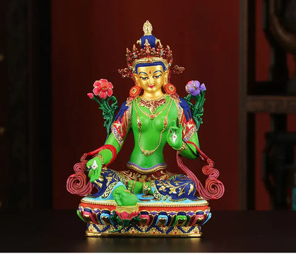 High-grade HOME Temple  Protection Tibetan Buddhism Color drawing Bodhisattva Tara Green Guan yin buddha statue  21CM