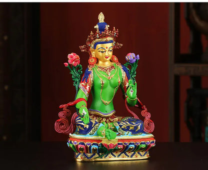 High-grade HOME Temple  Protection Tibetan Buddhism Color drawing Bodhisattva Tara Green Guan yin buddha statue  21CM