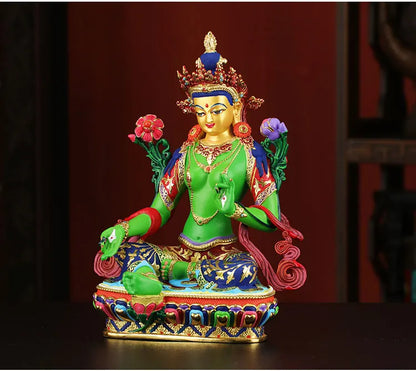 High-grade HOME Temple  Protection Tibetan Buddhism Color drawing Bodhisattva Tara Green Guan yin buddha statue  21CM