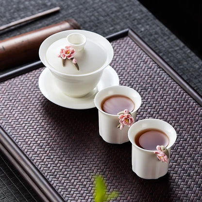High-grade White Porcelain Gaiwan Hand-pinching Flower Three Talents Cover bowl Tea Cup Set Household women Kung Fu TeaSet  Gift