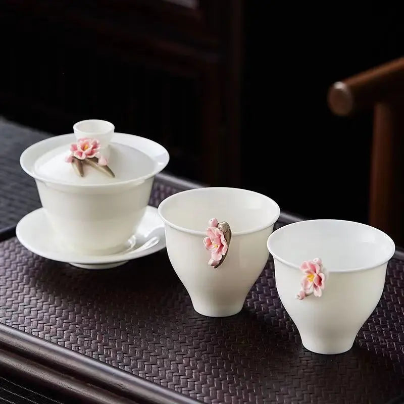 High-grade White Porcelain Gaiwan Hand-pinching Flower Three Talents Cover bowl Tea Cup Set Household women Kung Fu TeaSet  Gift