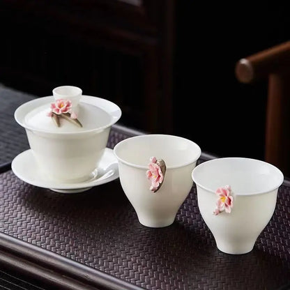 High-grade White Porcelain Gaiwan Hand-pinching Flower Three Talents Cover bowl Tea Cup Set Household women Kung Fu TeaSet  Gift
