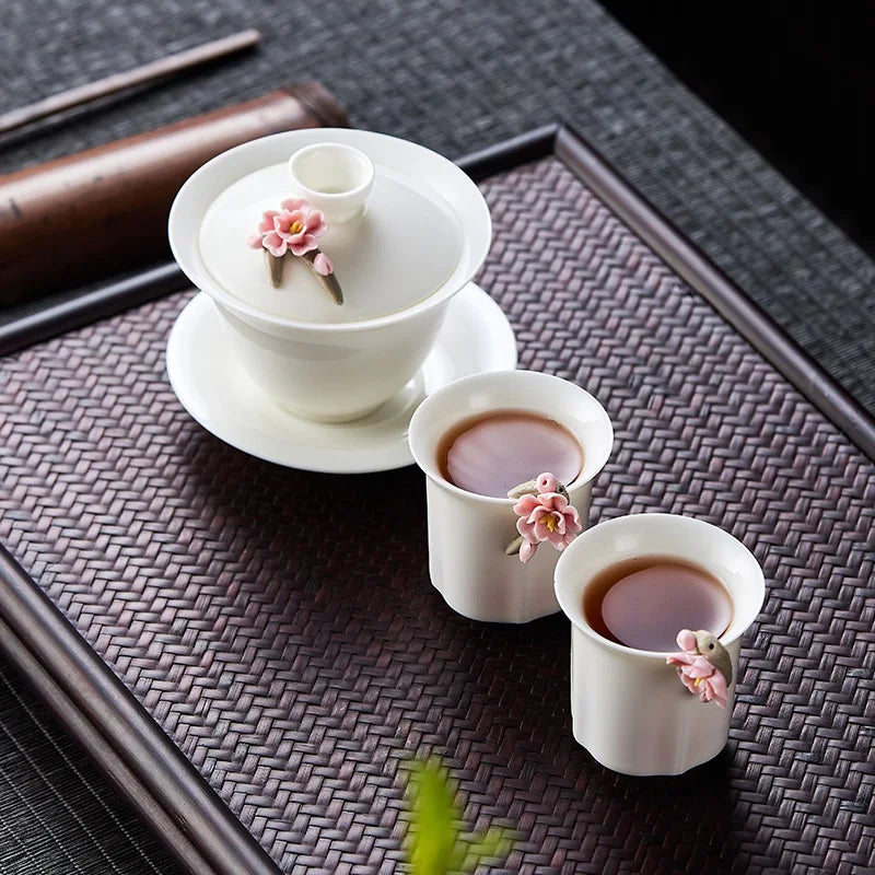 High-grade White Porcelain Gaiwan Hand-pinching Flower Three Talents Cover bowl Tea Cup Set Household women Kung Fu TeaSet  Gift