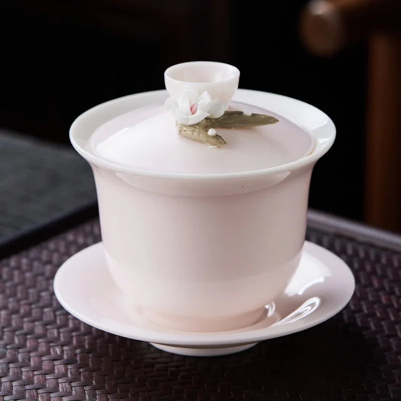 High-grade White Porcelain Gaiwan Hand-pinching Flower Three Talents Cover bowl Tea Cup Set Household women Kung Fu TeaSet  Gift