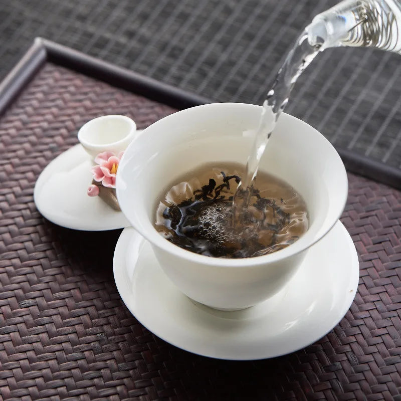 High-grade White Porcelain Gaiwan Hand-pinching Flower Three Talents Cover bowl Tea Cup Set Household women Kung Fu TeaSet  Gift