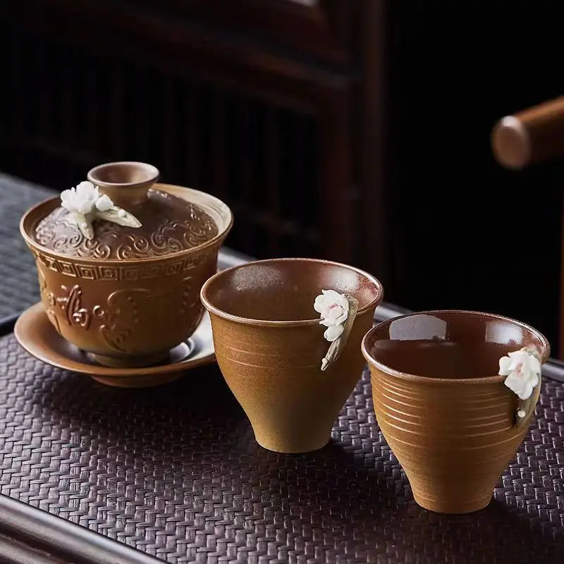 High-grade White Porcelain Gaiwan Hand-pinching Flower Three Talents Cover bowl Tea Cup Set Household women Kung Fu TeaSet  Gift