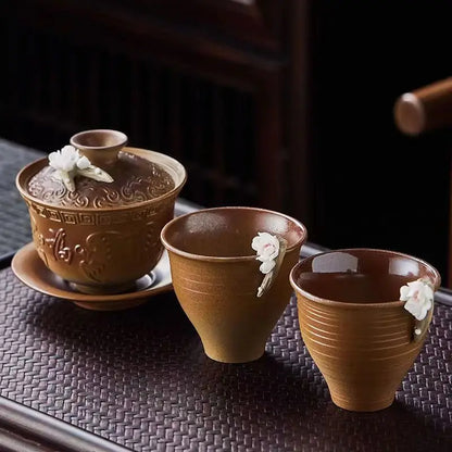 High-grade White Porcelain Gaiwan Hand-pinching Flower Three Talents Cover bowl Tea Cup Set Household women Kung Fu TeaSet  Gift