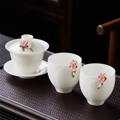 High-grade White Porcelain Gaiwan Hand-pinching Flower Three Talents Cover bowl Tea Cup Set Household women Kung Fu TeaSet  Gift