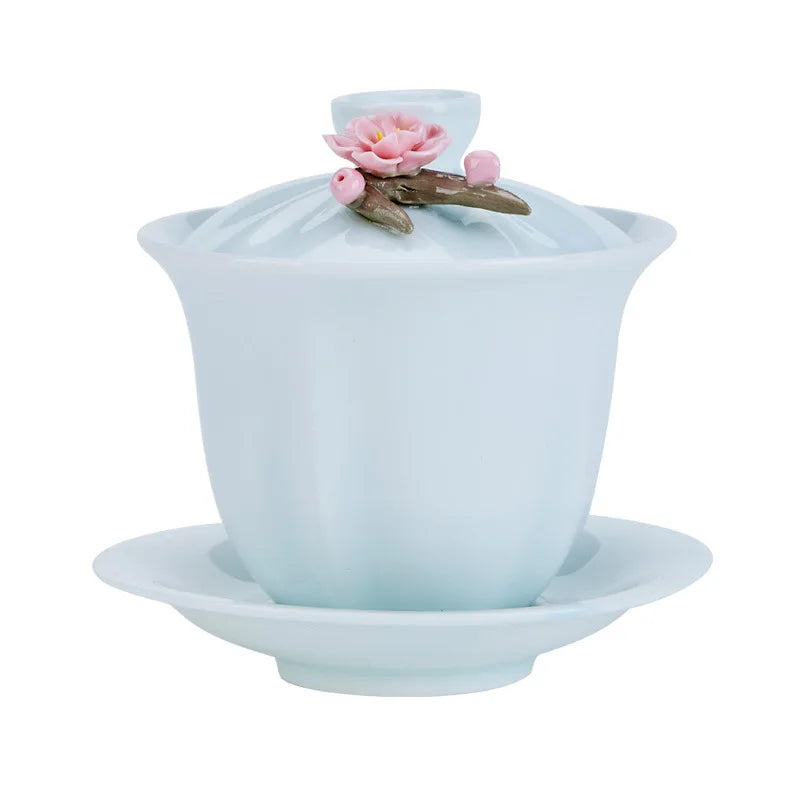 High-grade White Porcelain Gaiwan Hand-pinching Flower Three Talents Cover bowl Tea Cup Set Household women Kung Fu TeaSet  Gift