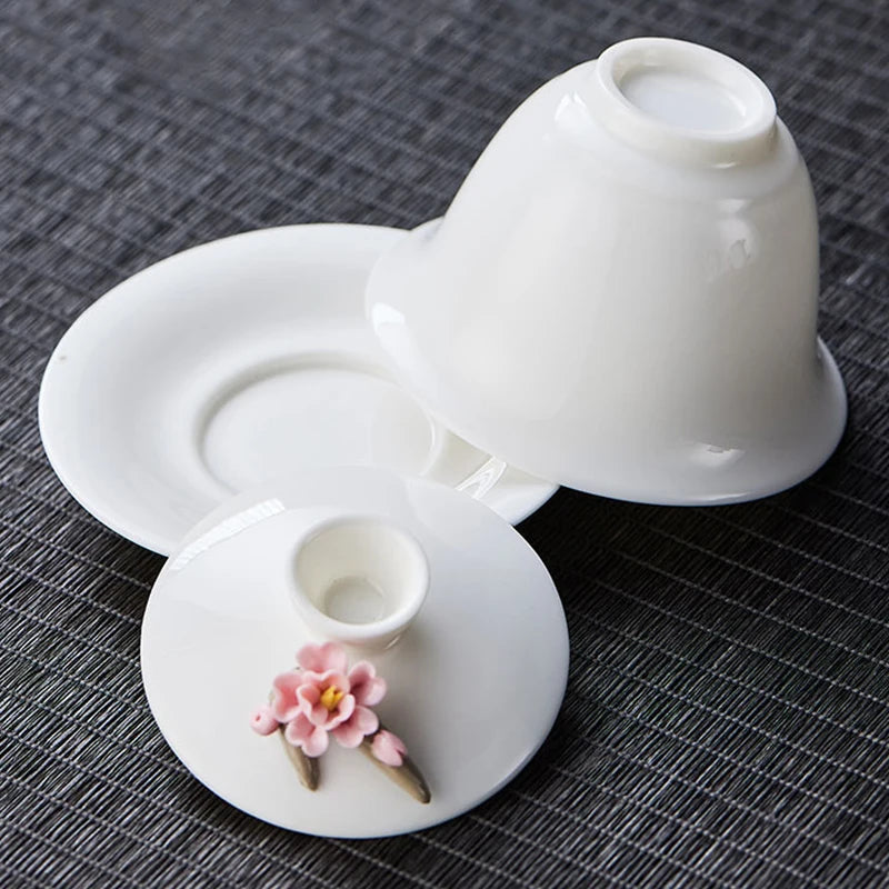 High-grade White Porcelain Gaiwan Hand-pinching Flower Three Talents Cover bowl Tea Cup Set Household women Kung Fu TeaSet  Gift