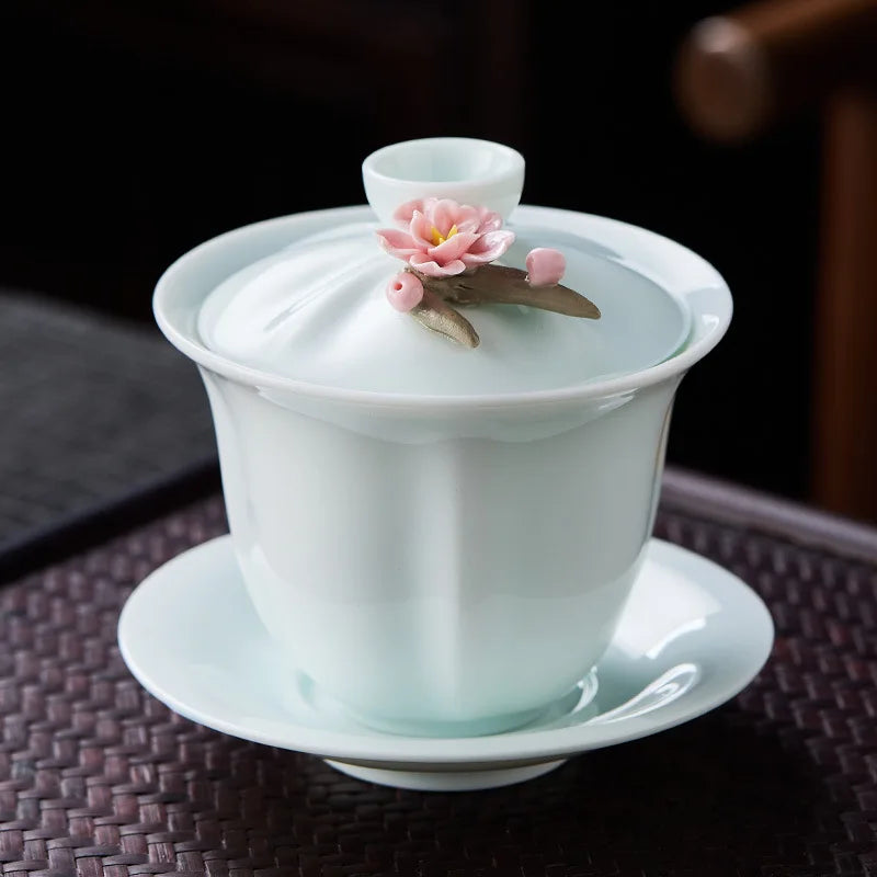 High-grade White Porcelain Gaiwan Hand-pinching Flower Three Talents Cover bowl Tea Cup Set Household women Kung Fu TeaSet  Gift
