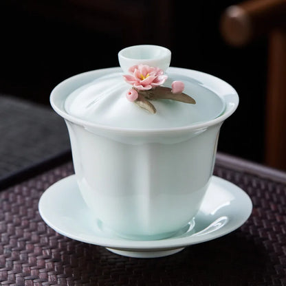 High-grade White Porcelain Gaiwan Hand-pinching Flower Three Talents Cover bowl Tea Cup Set Household women Kung Fu TeaSet  Gift