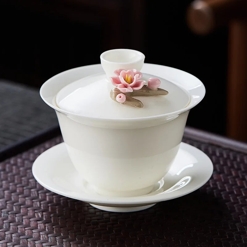 High-grade White Porcelain Gaiwan Hand-pinching Flower Three Talents Cover bowl Tea Cup Set Household women Kung Fu TeaSet  Gift