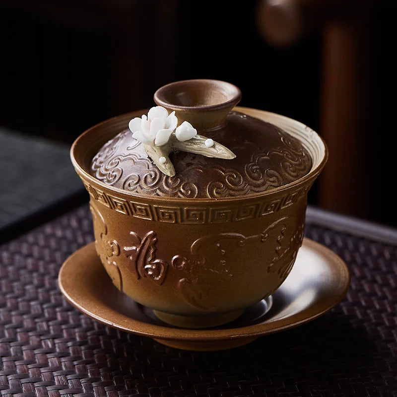 High-grade White Porcelain Gaiwan Hand-pinching Flower Three Talents Cover bowl Tea Cup Set Household women Kung Fu TeaSet  Gift
